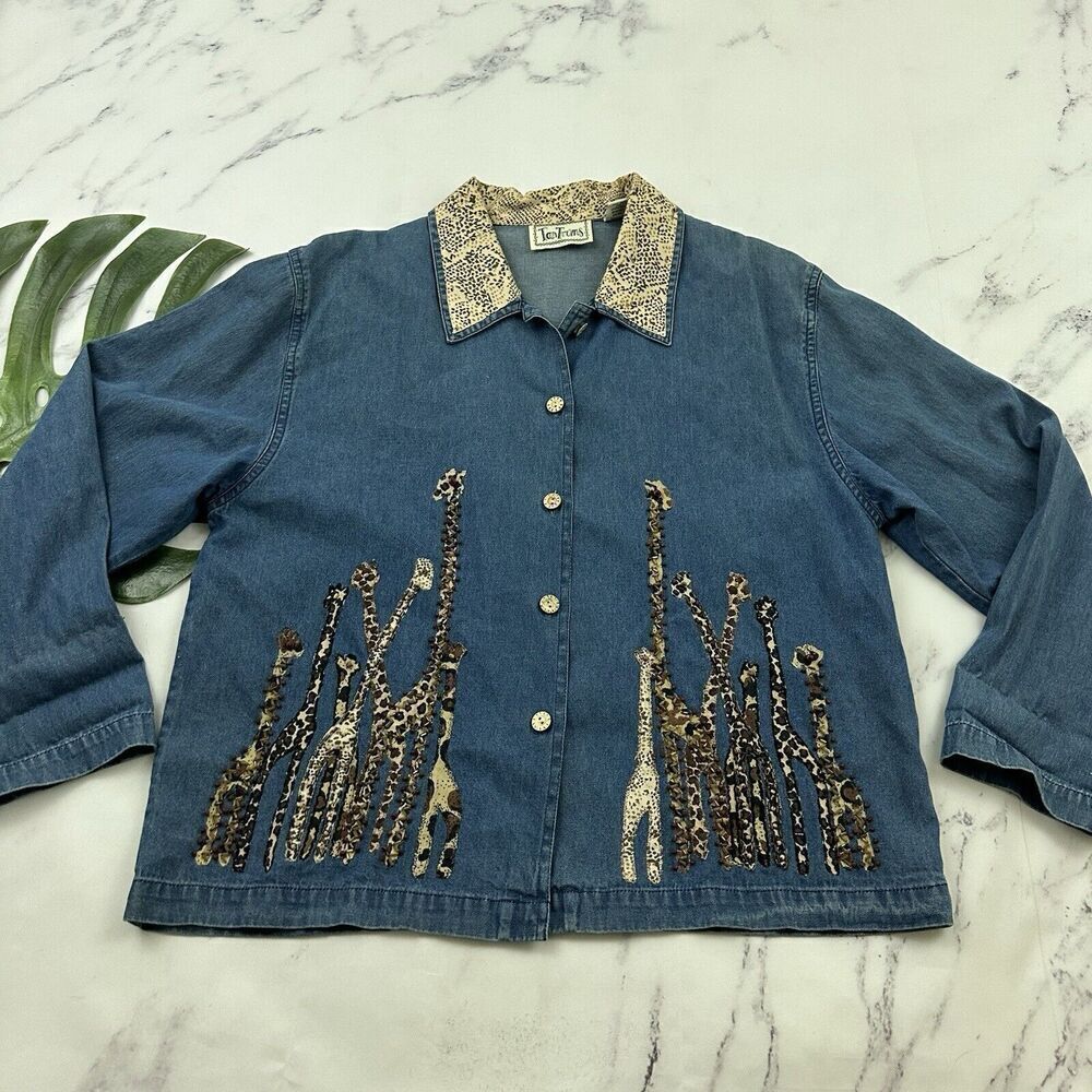 Tantrums Womens Vintage 90s Giraffe Embellished Shirt Size M Blue Brown Beaded